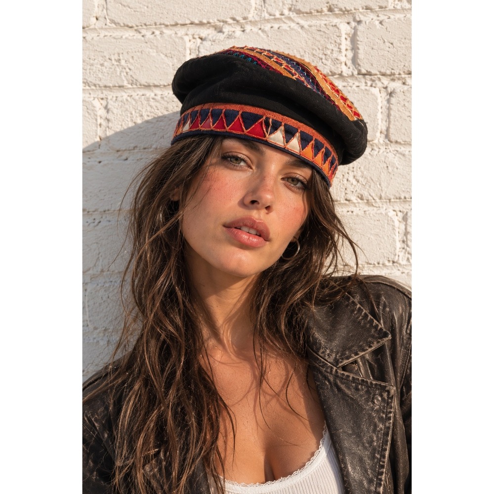 Vintage Black Cotton Embroidered Thai Hill Tribe Boho Smoking Cap Hat OS
